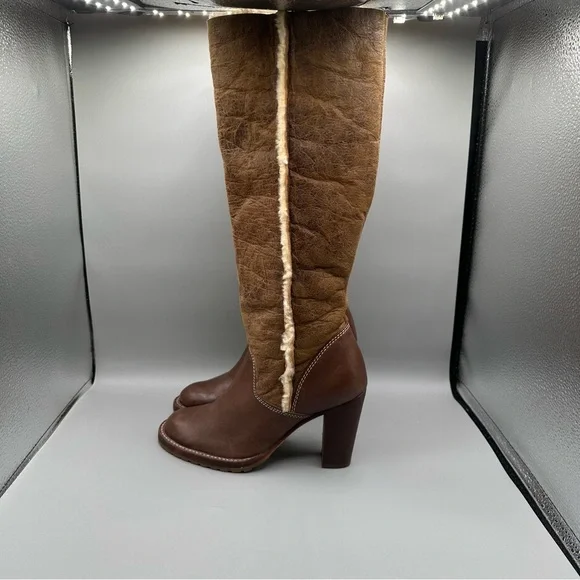 MICHAEL KORS Brown Leather Suede Sherpa Lined Tall Fold Over Heeled Boots Sz 5.5 - Picture 4 of 9